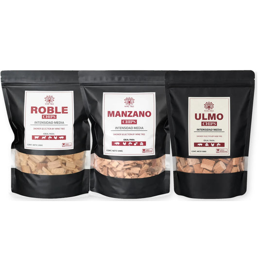 Pack de chips para ahumar Wine Tree: bolsas de roble, manzano y ulmo de 300 g cada una