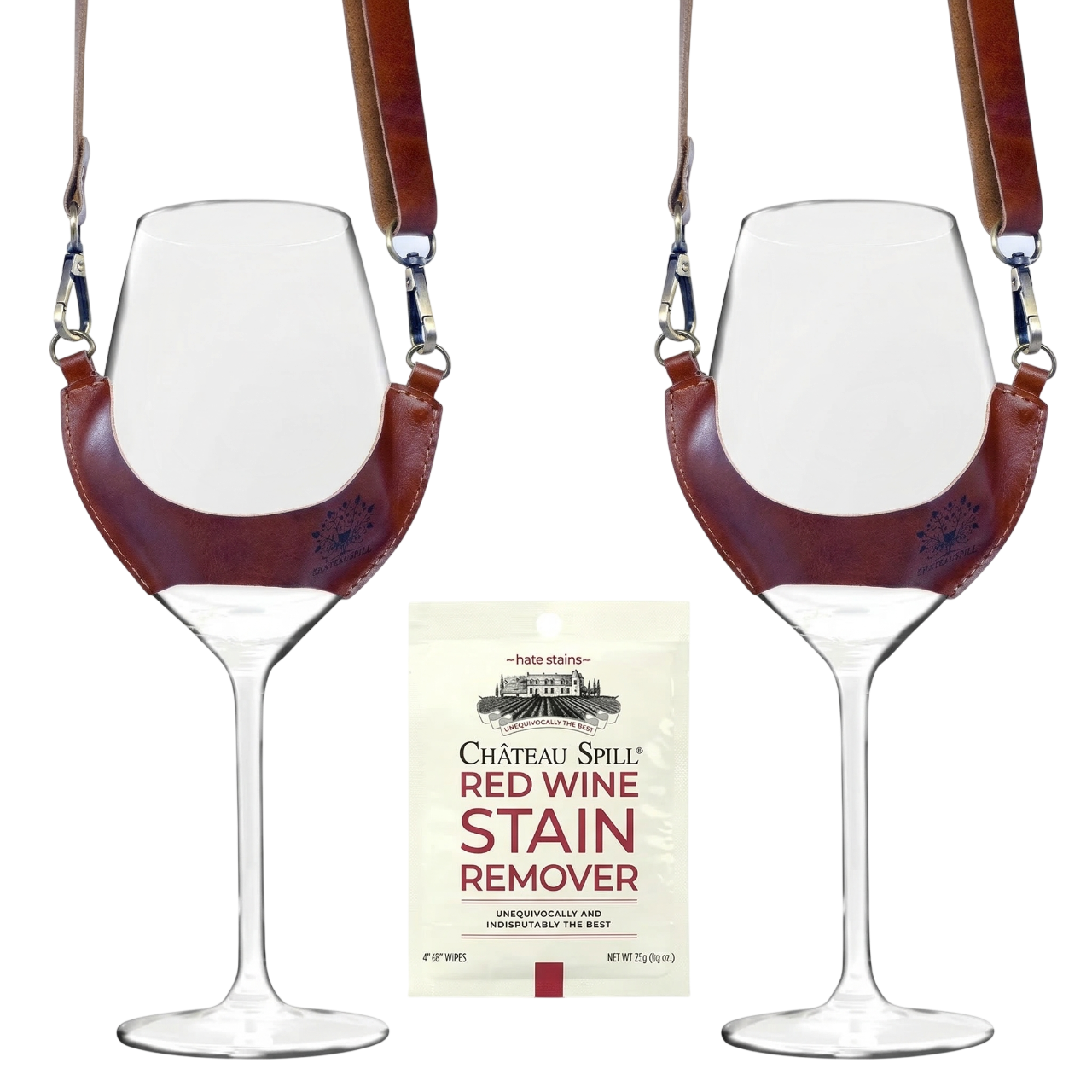 Pack regalo de vino con 2 copas Carménère y porta copas de cuero café