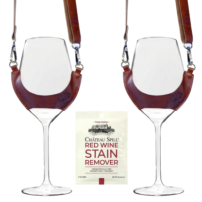 Pack regalo de vino con 2 copas Carménère y porta copas de cuero café