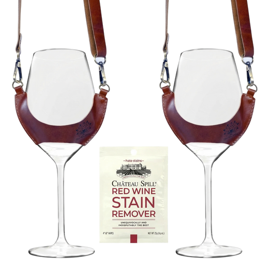 Pack regalo de vino con 2 copas Carménère y porta copas de cuero café