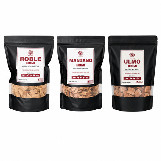 Pack de Chips para Ahumar Wine Tree con bolsas de roble, manzano y ulmo de 300 g cada una