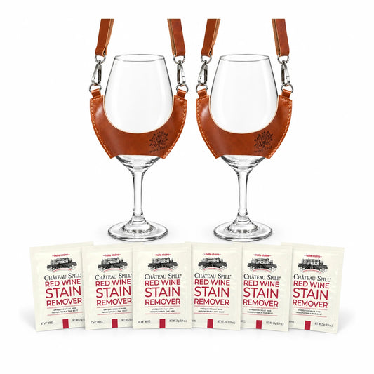 Pack regalo de vino con 2 copas, 2 porta copas de cuero café Wine Tree y 6 toallitas quitamanchas Château Spill