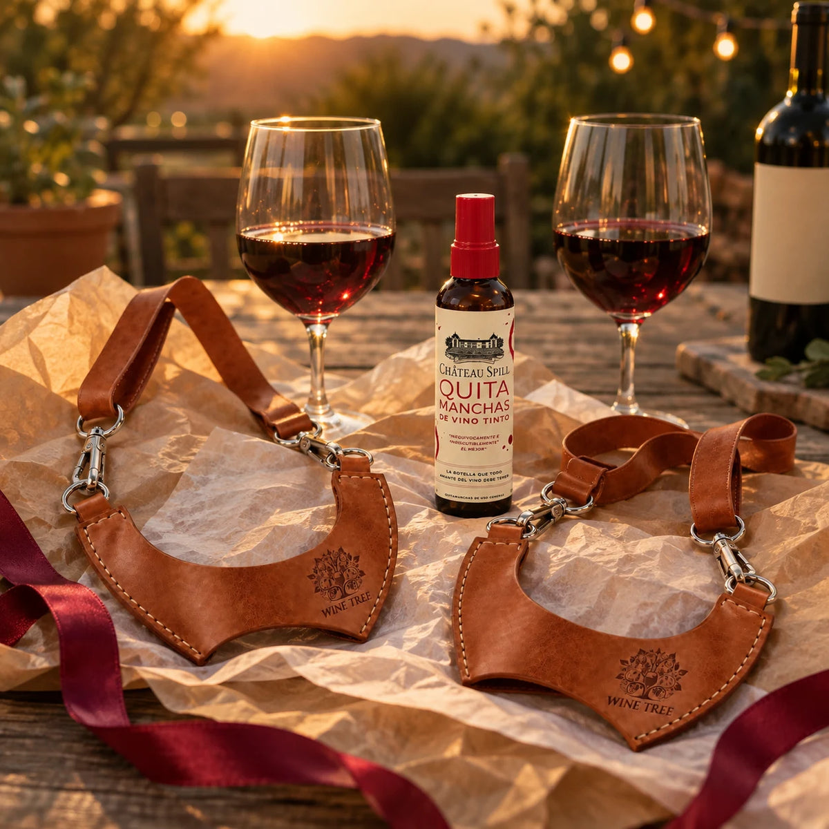 Pack regalo de 2 porta copas de cuero café y quitamanchas Château Spill junto a copas de vino en una terraza