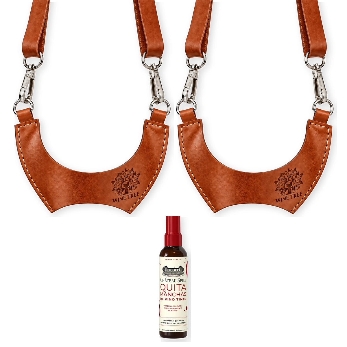 Pack regalo con 2 porta copas de cuero café Wine Tree y quitamanchas Château Spill en spray