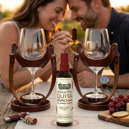 Pack regalo con 2 porta copas de cuero café y quitamanchas Chateau Spill