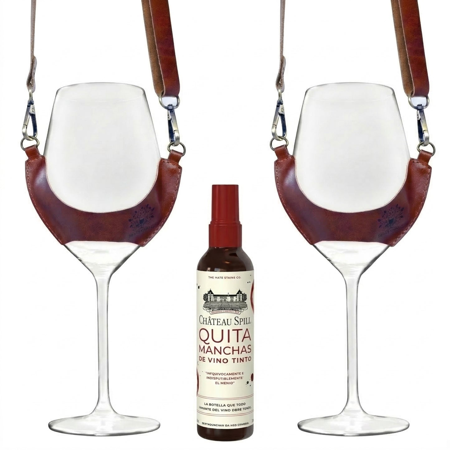 Pack regalo con 2 porta copas de cuero café y quitamanchas Chateau Spill