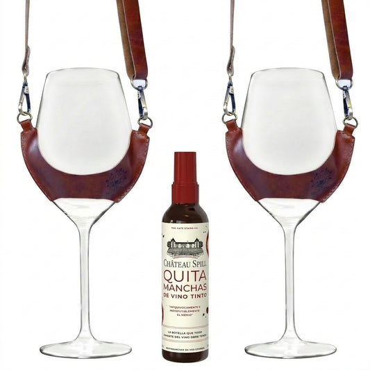 Pack regalo con 2 porta copas de cuero café y quitamanchas Chateau Spill
