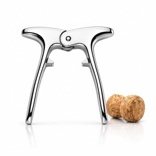 Pinza descorchadora de espumantes Ghidini cromada, hecha en Italia, junto a un corcho de espumante