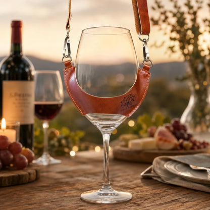 Porta copas de cuero café Wine Tree con copa de vino tinto sobre una mesa de madera junto a una botella