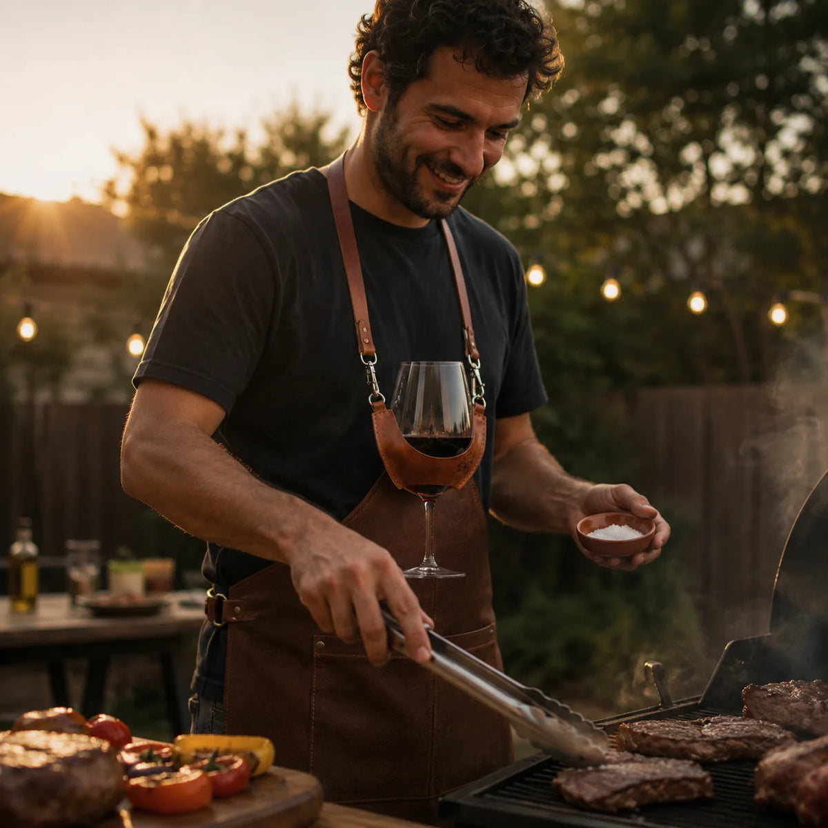 Hombre asando carne con el porta copas de cuero café Wine Tree y su copa de vino tinto colgada al cuello