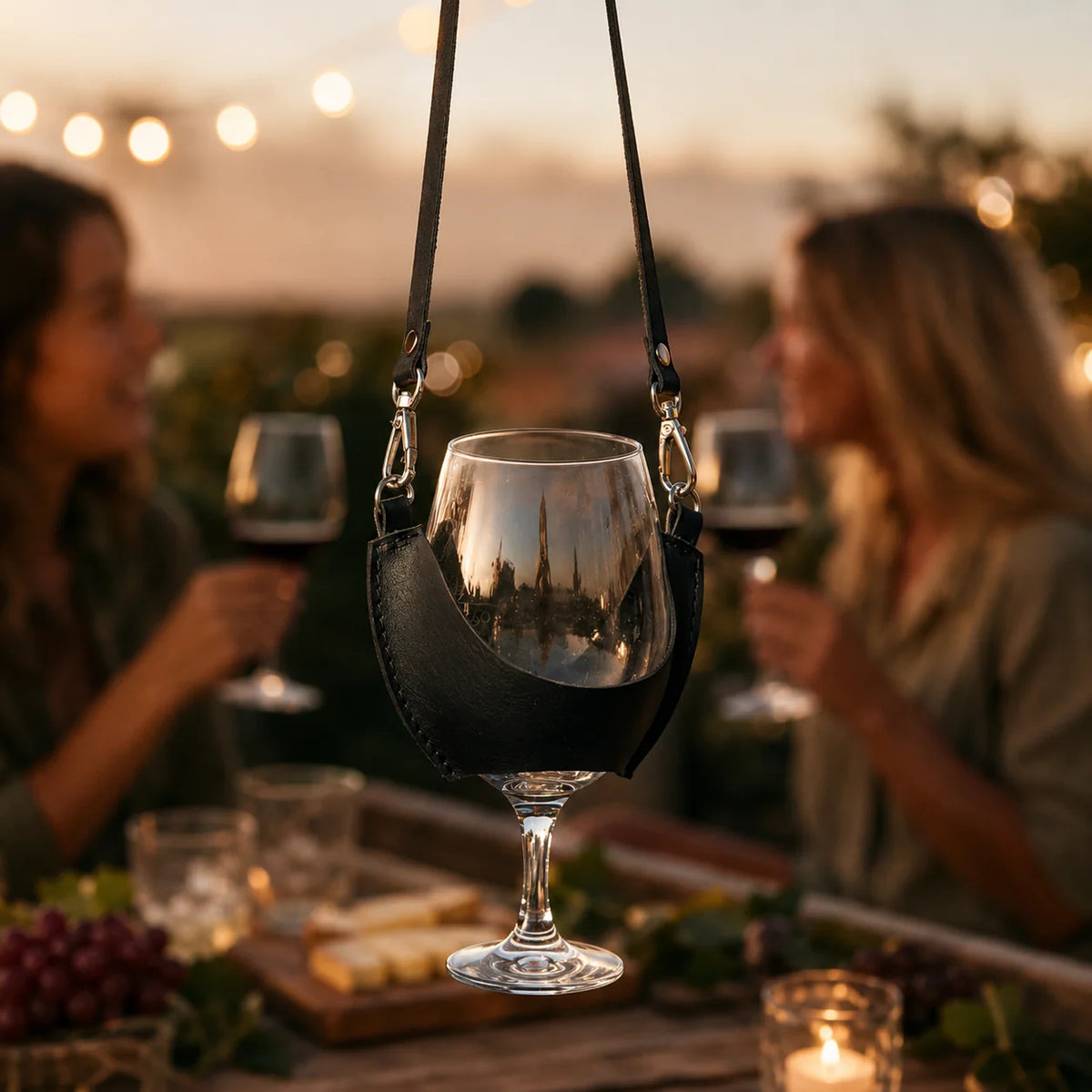 Porta copas de cuero negro Wine Tree sosteniendo una copa de vino tinto en una terraza al atardecer