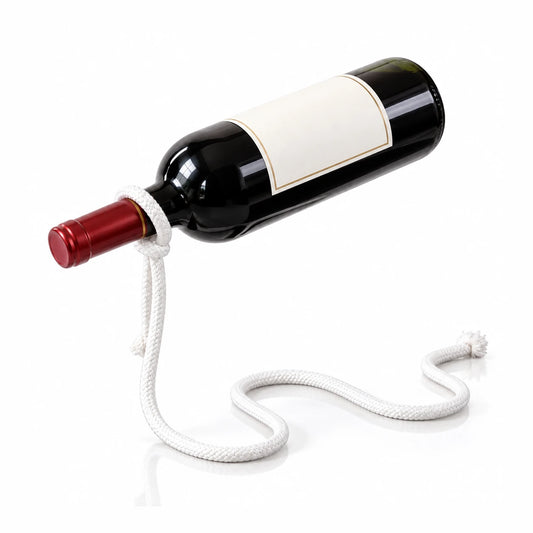 Portabotellas flotante de cuerda blanca sosteniendo una botella de vino tinto con efecto de levitación
