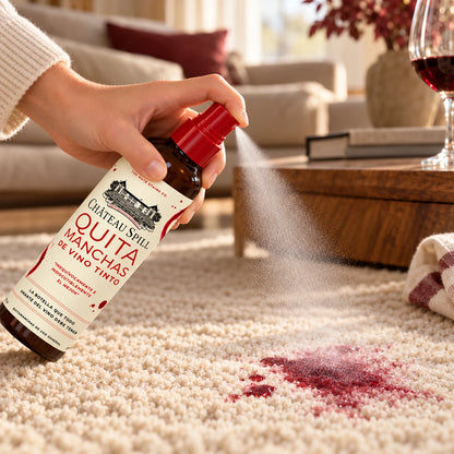 Mano rociando quitamanchas Château Spill sobre una mancha de vino tinto en una alfombra clara