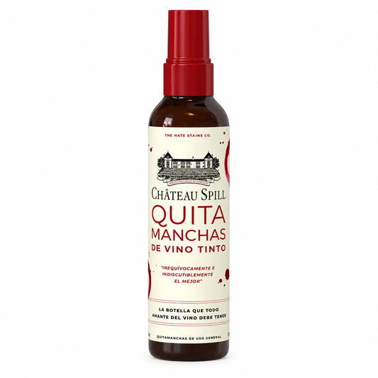 Quitamanchas de vino tinto Château Spill en spray de 120 ml, botella ámbar con tapa roja y etiqueta en español