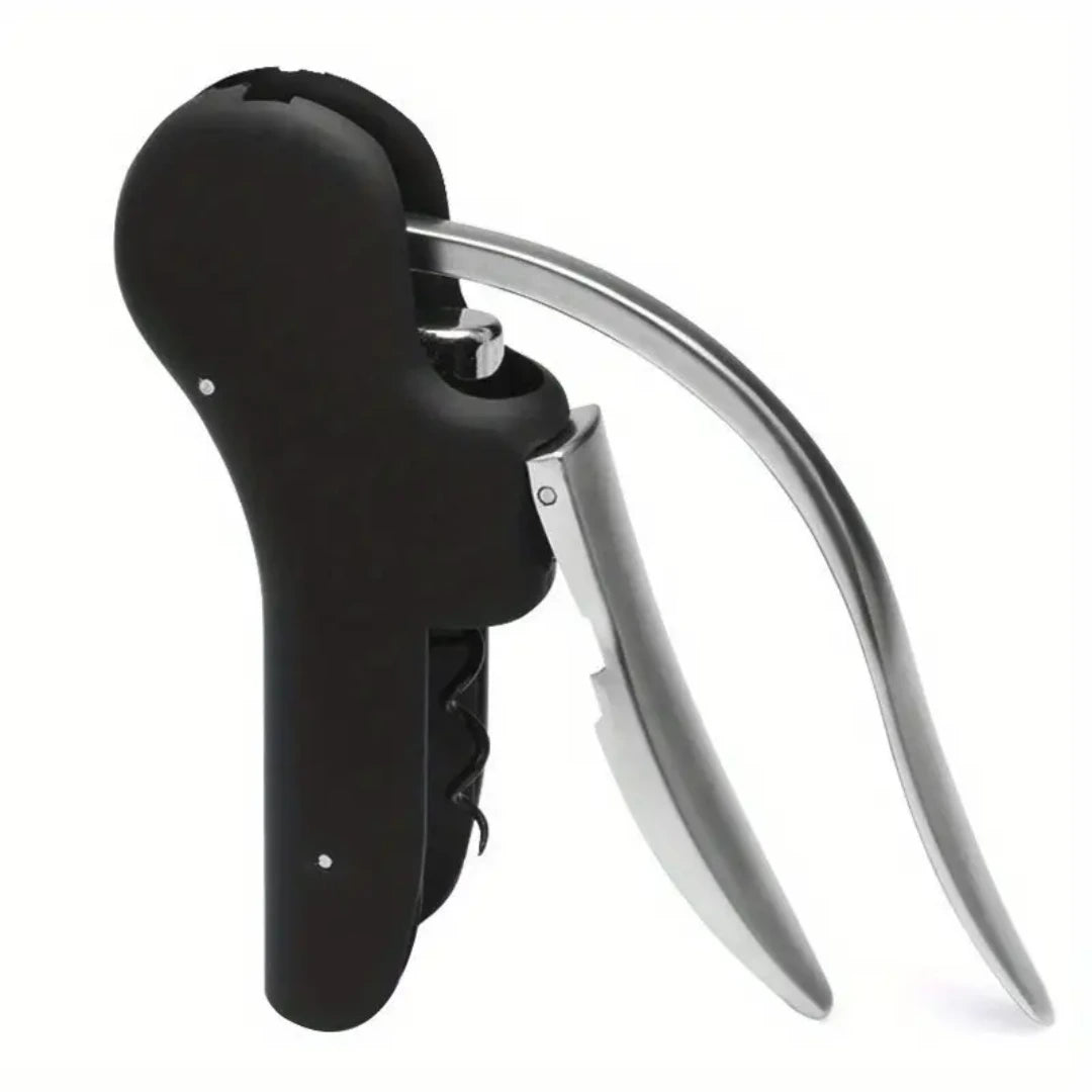 Sacacorchos profesional tipo palanca en acero y negro, ideal para sommelieres y amantes del vino.