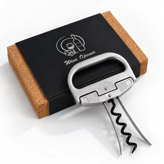 Sacacorchos profesional de láminas y espiral apoyado sobre su caja de regalo de corcho con funda negra Wine Opener