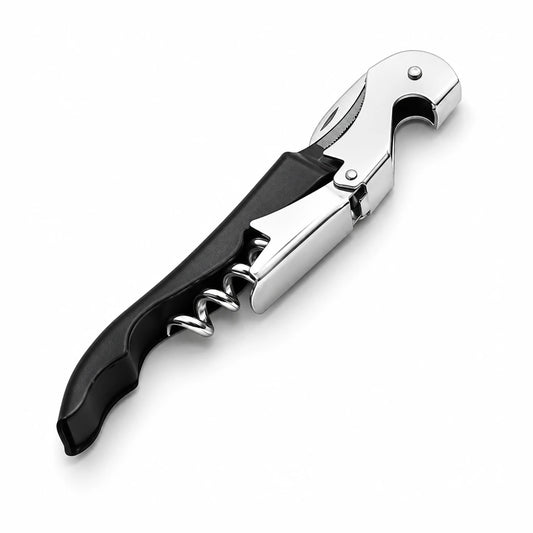 Sacacorchos sommelier de dos tiempos negro con armazón de acero inoxidable, cuchillo y destapador