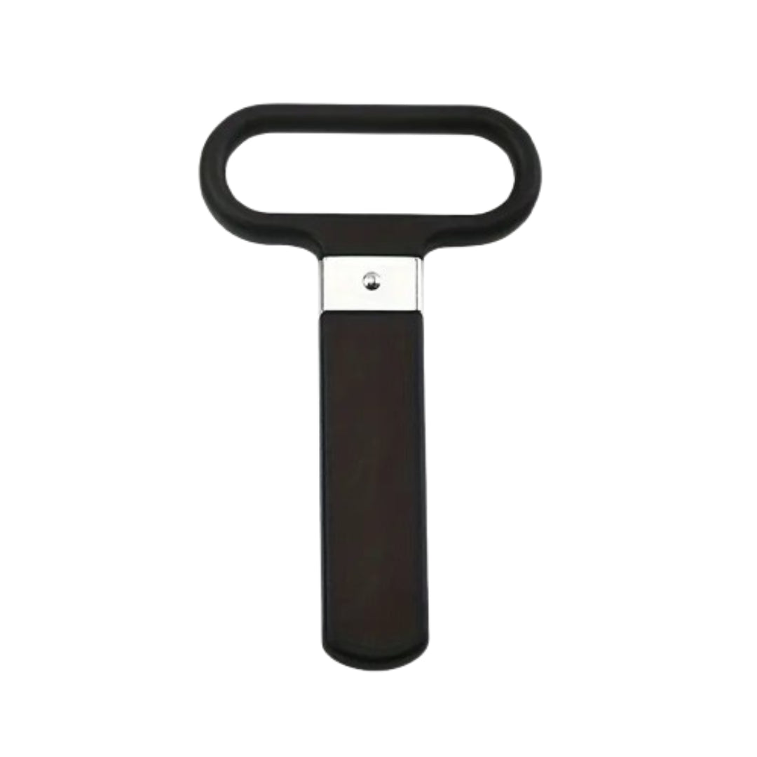 Extractor de corchos antiguos con láminas de acero inoxidable y mango ergonómico.