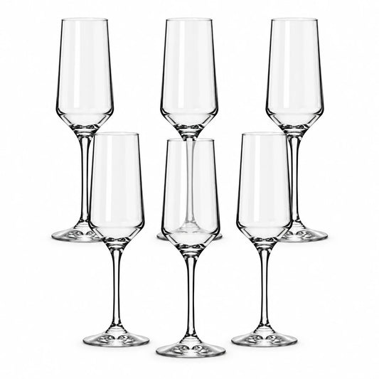 Set de 6 copas flauta para espumante Brunello de 225 cc en cristal, sobre fondo blanco