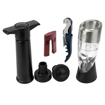 Pack accesorios para vino con decantador, bomba de vacío y descorchador