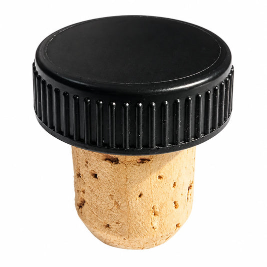 Tapón hermético para vino con cabeza negra estriada de PMMA y corcho natural, sobre fondo blanco