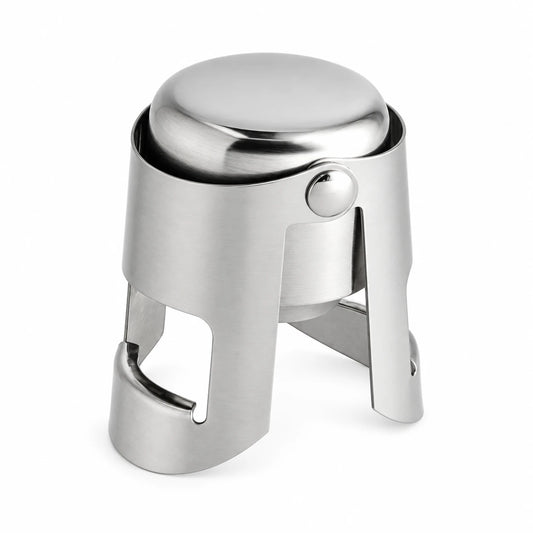 Tapón hermético de acero inoxidable para champagne y espumantes con dos alas laterales, sobre fondo blanco