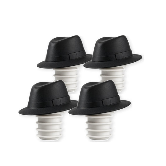 Pack de 4 tapones de silicona para vino con forma de sombrero fedora negro