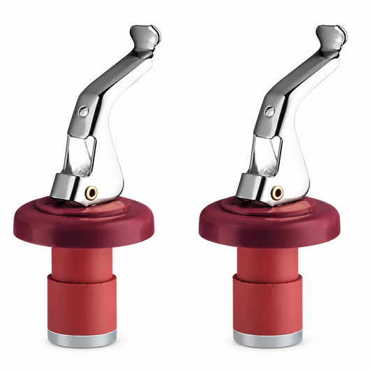 Set de 2 tapones expandibles Ghidini para vino, con disco burdeo y palanca cromada, sobre fondo blanco