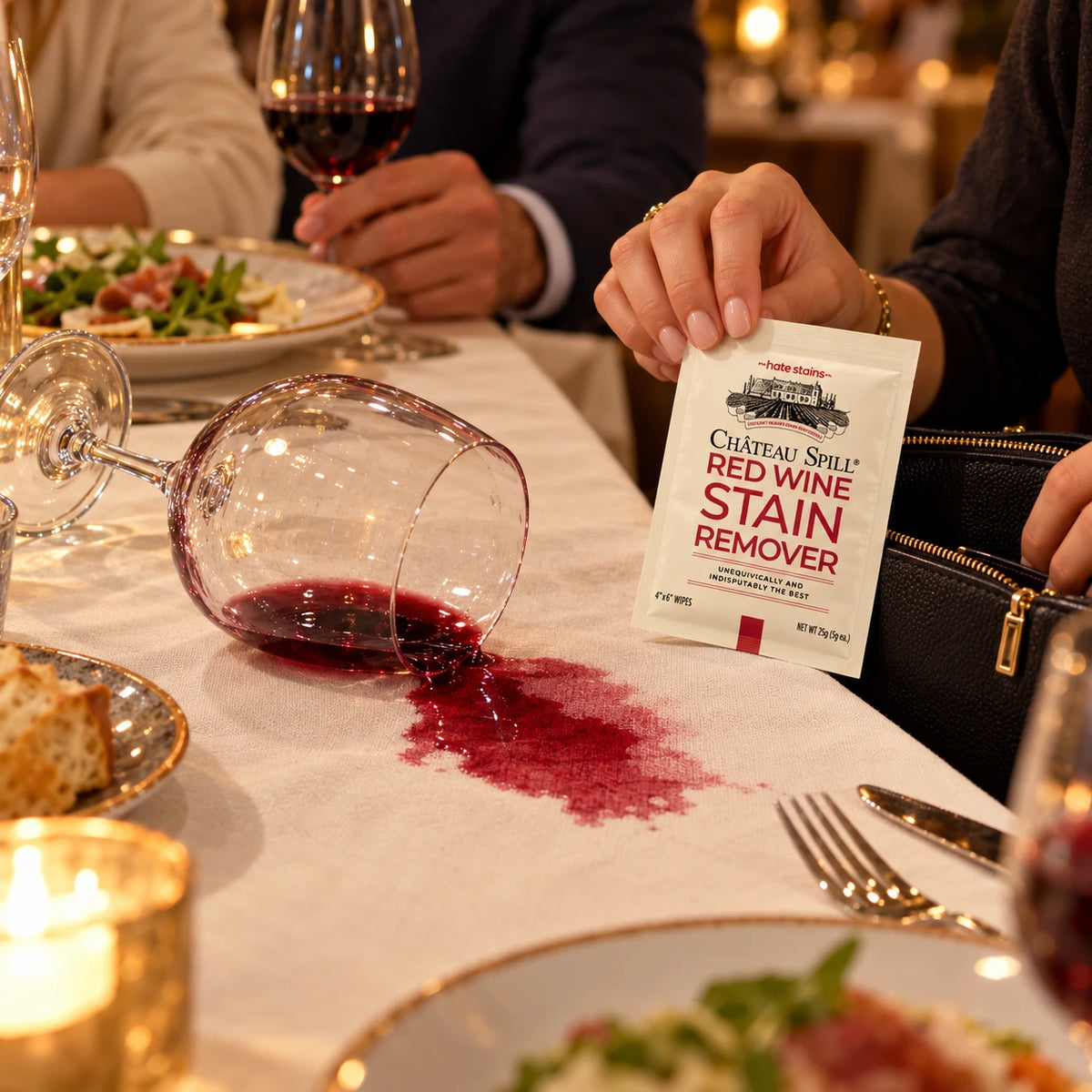 Copa de vino tinto derramada en una cena y una persona sacando una toallita Château Spill de su cartera