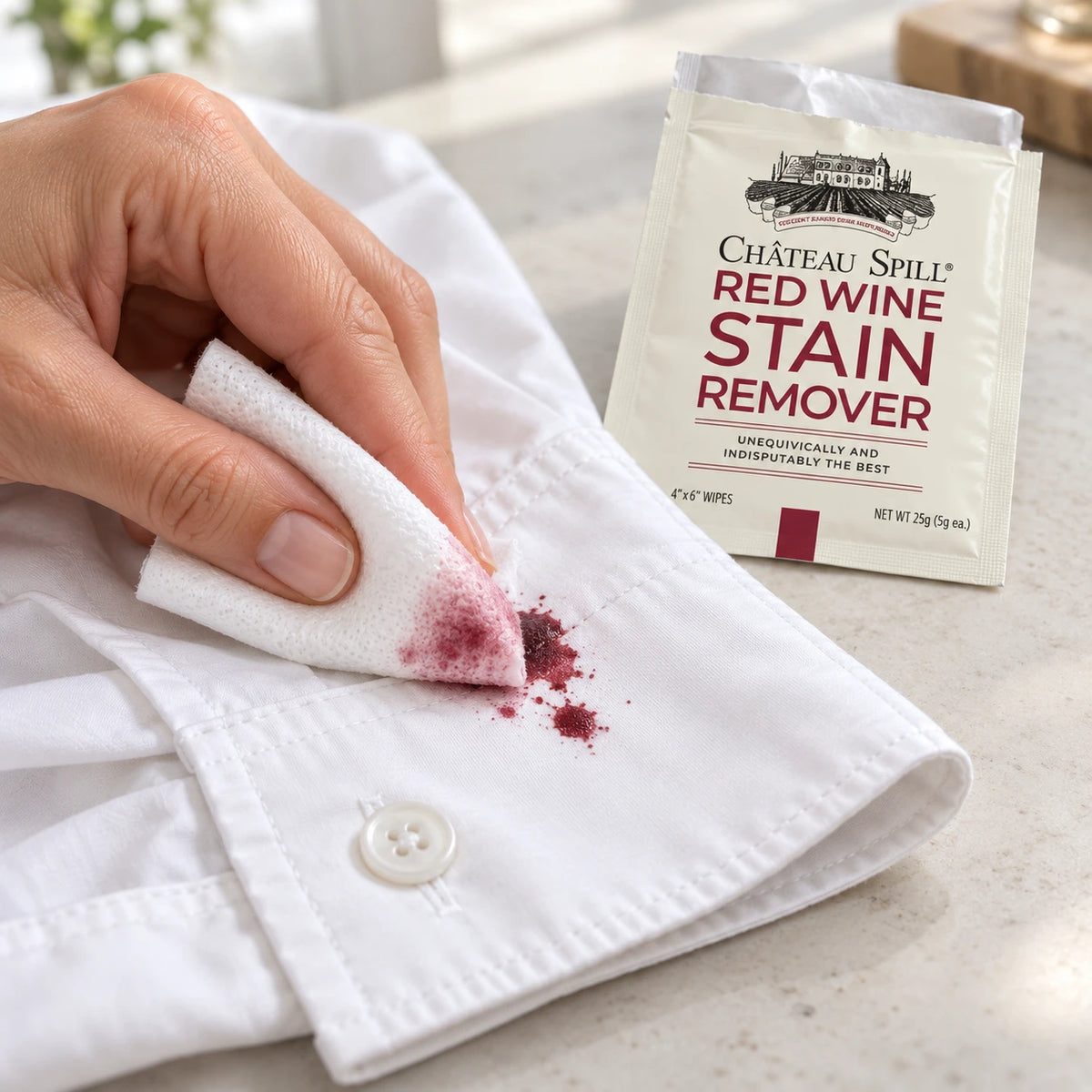 Mano limpiando una mancha de vino tinto en el puño de una camisa blanca con una toallita Château Spill