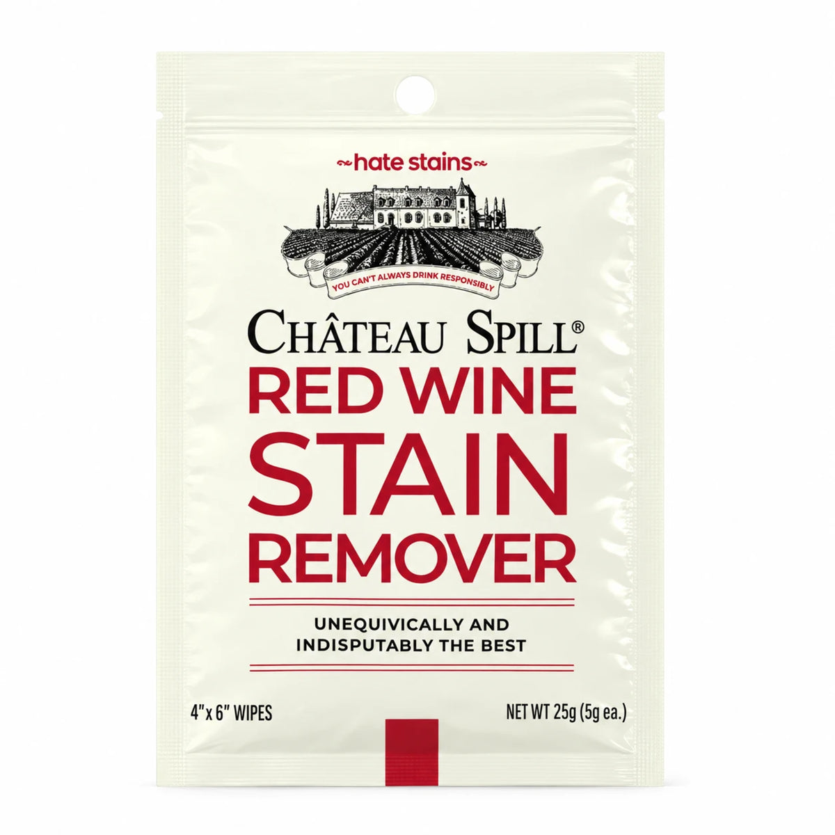 Sobre individual de toallita quitamanchas de vino tinto Château Spill, sobre fondo blanco